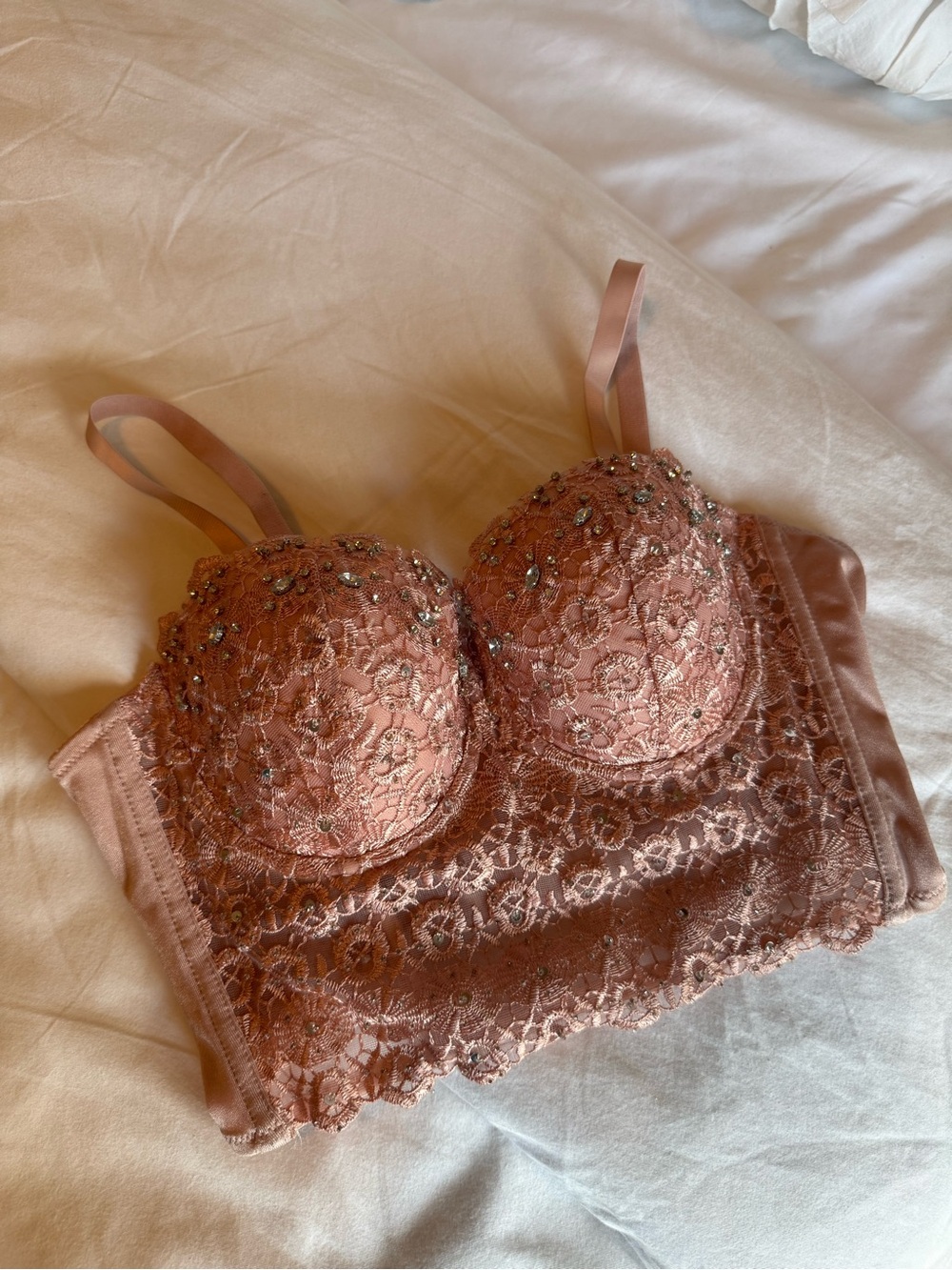 Embellished Lace Longline Bra - Dusty Rose